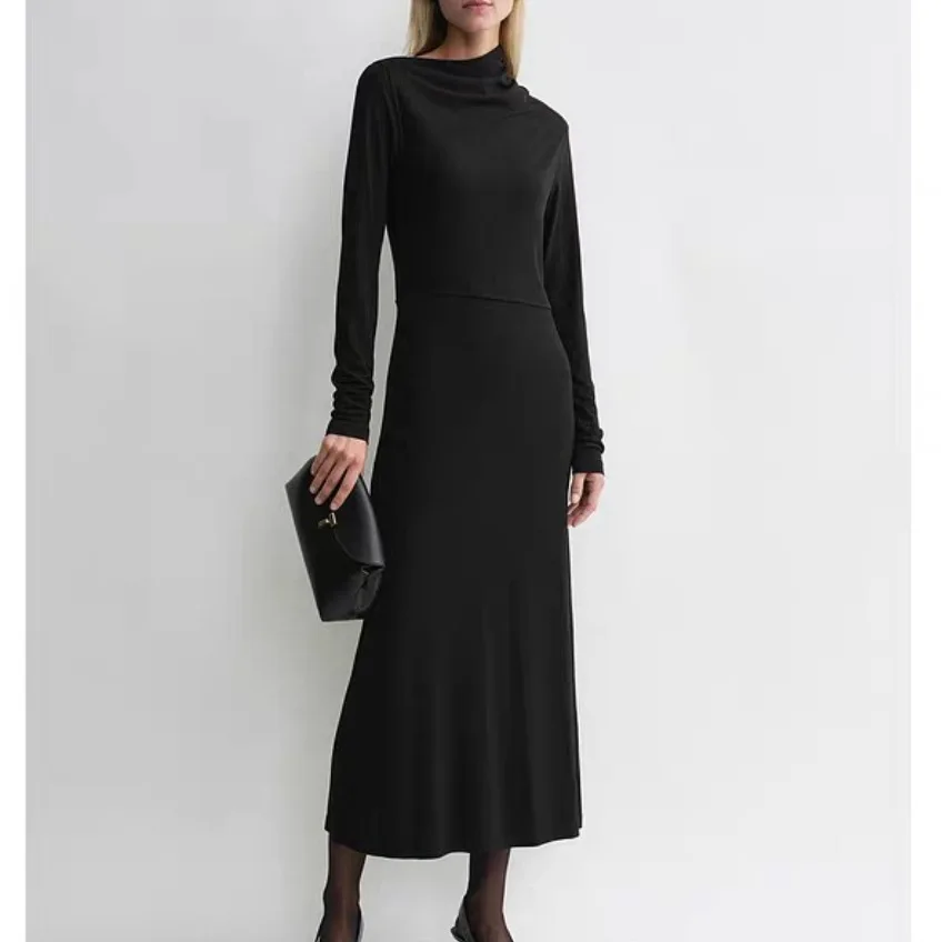 Withered French Retro Slim Fit Asymmetrical Neckline With A Drape Knit Long Sleeved Dress Elegant Party Dresses