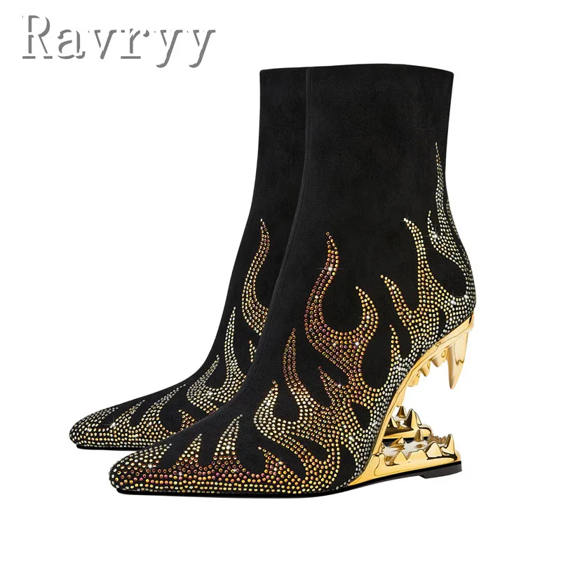 

New Design Teeth Shaped Heel Ankle Boots Women Pointed Toe Rhinestone High Heels Short Boots Fashionable Designer Runway Shoes
