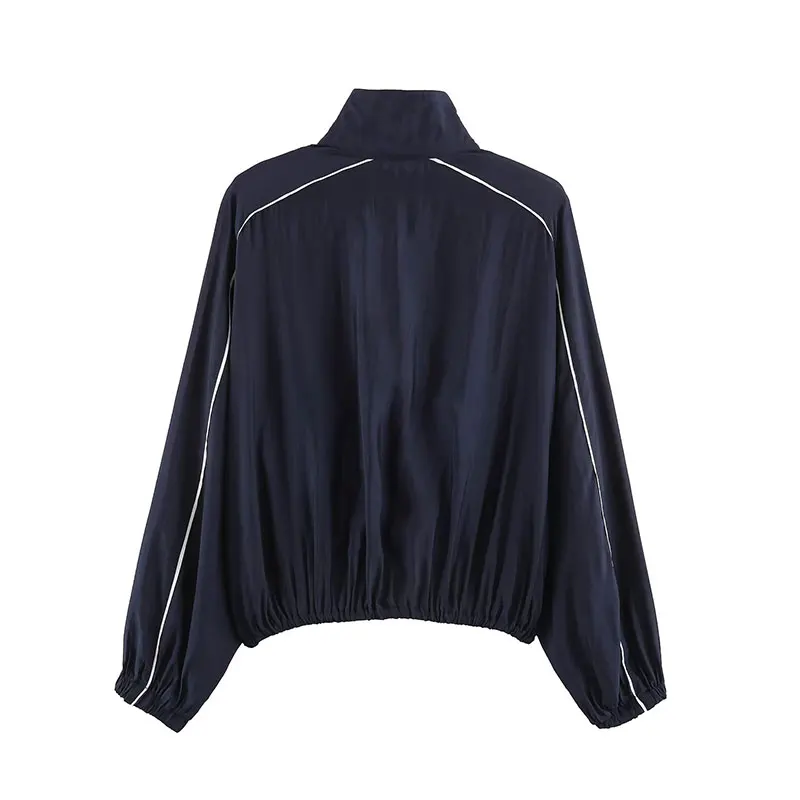Nlzgmsj 2026 Autumn Women Stand Collar Color Contrast Piping Striped  Jacket Loose Long Sleeve Zip Up  Casual Sporty Outer Coat