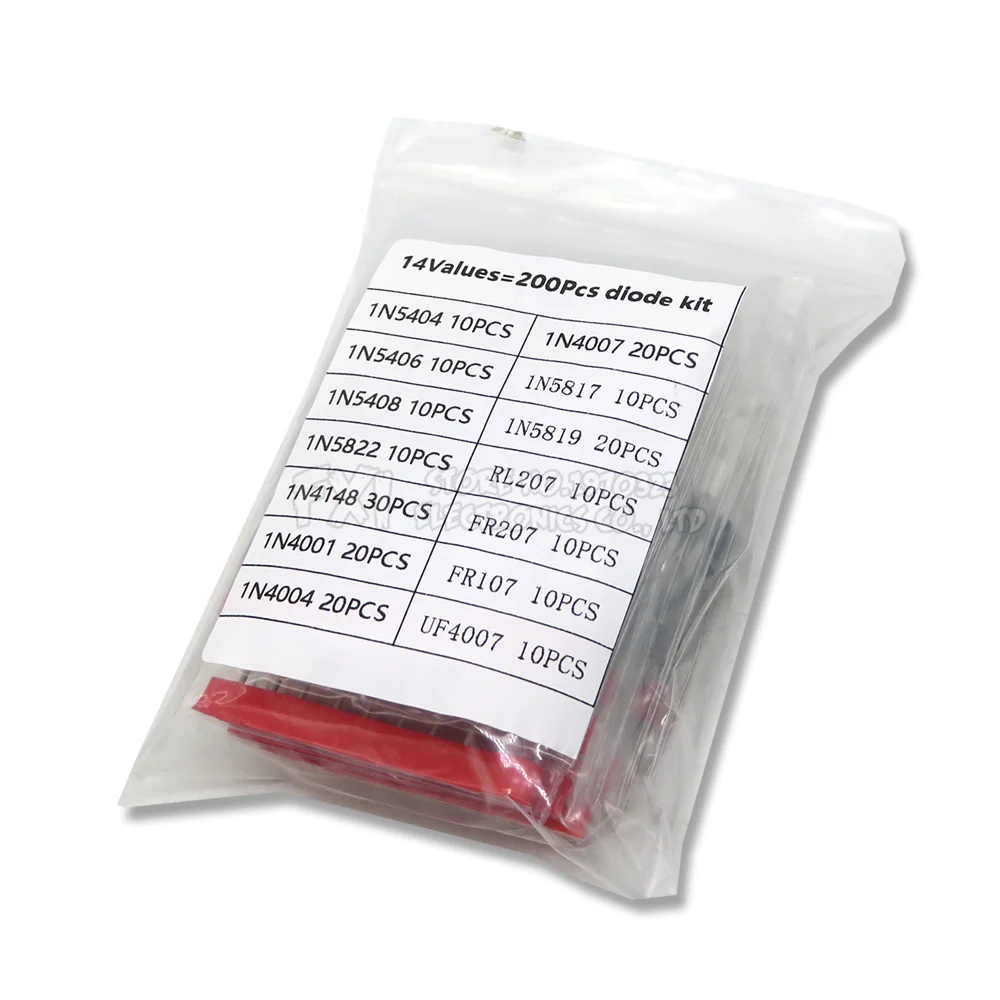 200pcs(14values) diode kit 1N4148 1N4001 1N4004 1N4007 1N5817 1N5819 RL207 FR207 FR107 UF4007 1N5404 1N5406 1N5408 1N5822 Assort