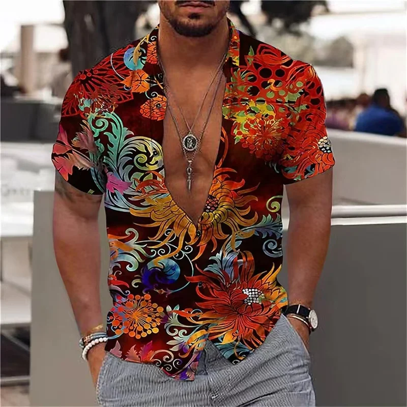 New style casual shirt short-sleeved lapel shirt 3D printing men's street fashion four-way stretch shirt men's large size tops S