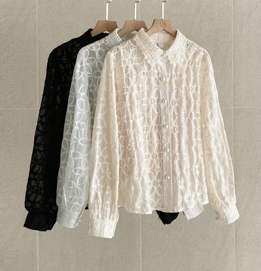 2024 New Fashion Autumn Spring Embroidery Flower Blouses Elegant Women Lace Doll Collar Single Breasted Office Loose Shirt Tops