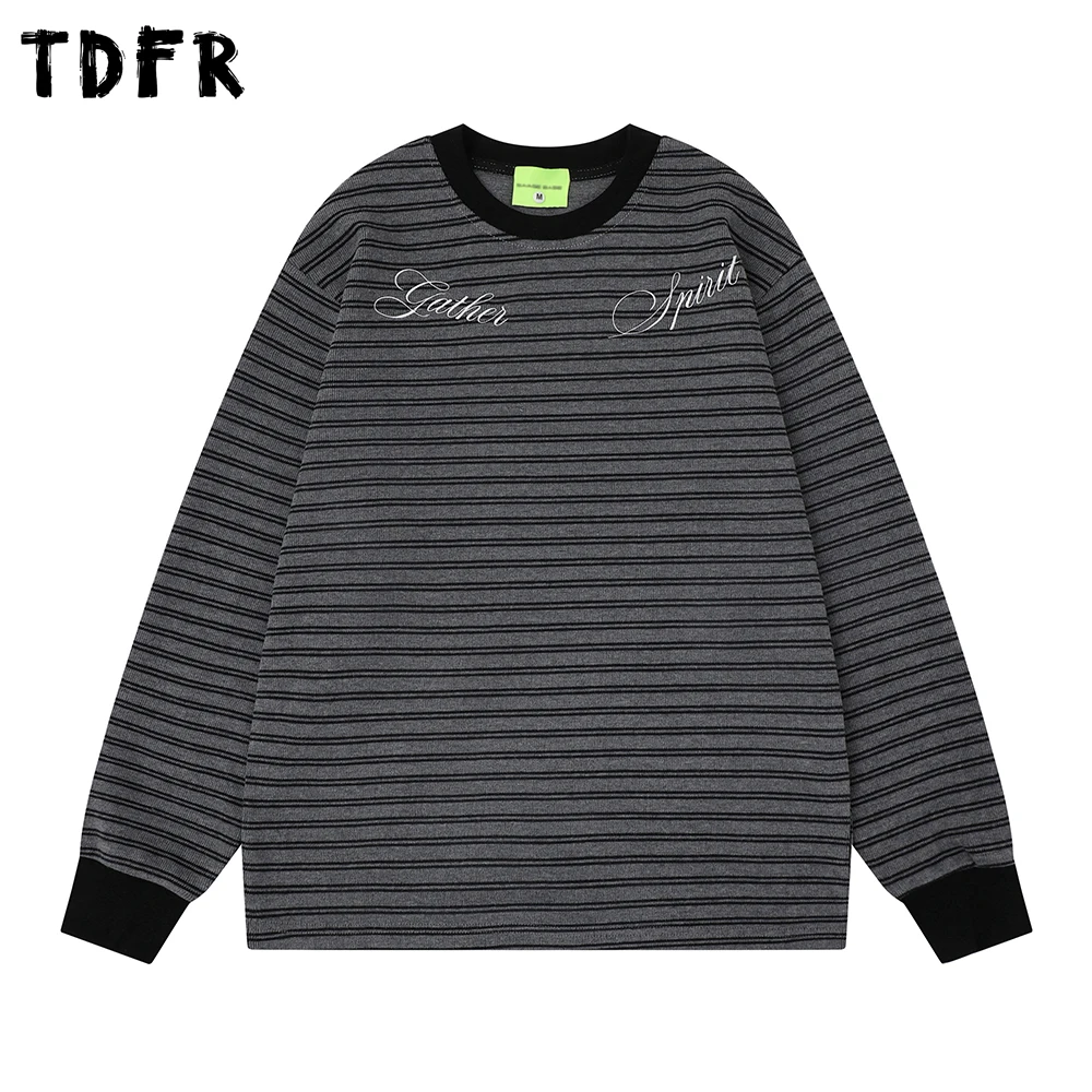 

Letter Embroidery Striped T-shirt Mens Autumn Casual Retro Spliced Crew Neck Long Sleeve Knitted Tshirt Man