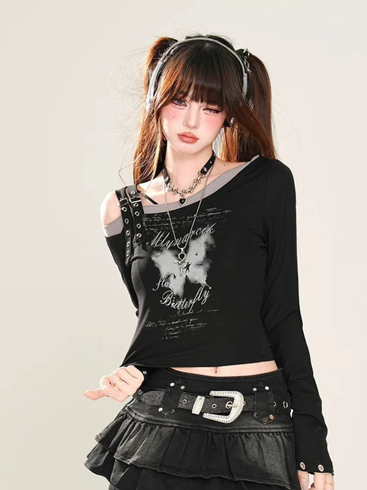 

Butterfly Print Women T Shirt Fall Y2K Streetwear Retro Off Shoulder Cropped Tees Long Sleeve Patchwork Slim Fit Hotsweet Tops