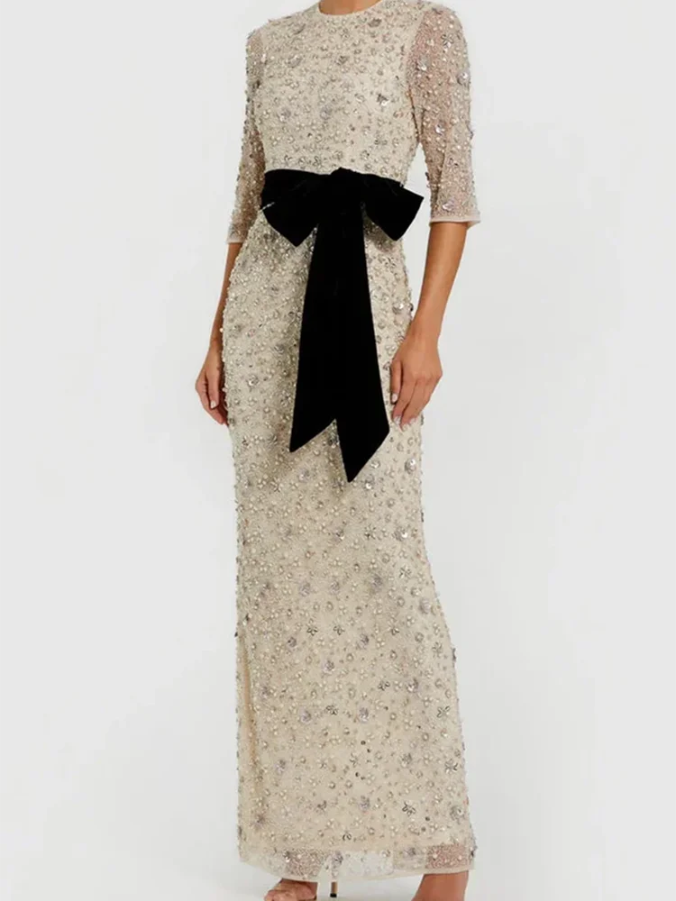 

Элегантные прямые вечерние платья с круглым вырезом и бисером, с бантом и половиной рукавом, вечерние платья для дня рождения, выпускного вечера по индивидуальному заказу