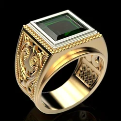 Sparkling Square Cut Green Zircon 14K Gold Plated Punk Motor Biker Ring for Men Fashion Vintage Hollow Design Turkish Jewelry