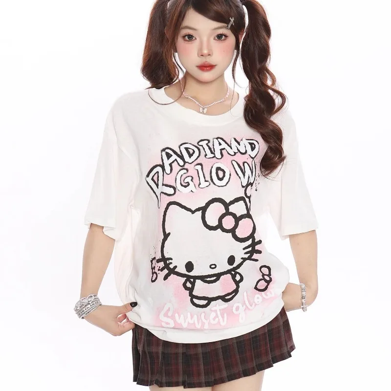 New Sweet and Cool Cartoon Kitty Cat Graffiti 3D Printed Short Sleeve T-shirt for Summer Loose and Versatile Quick Drying Top