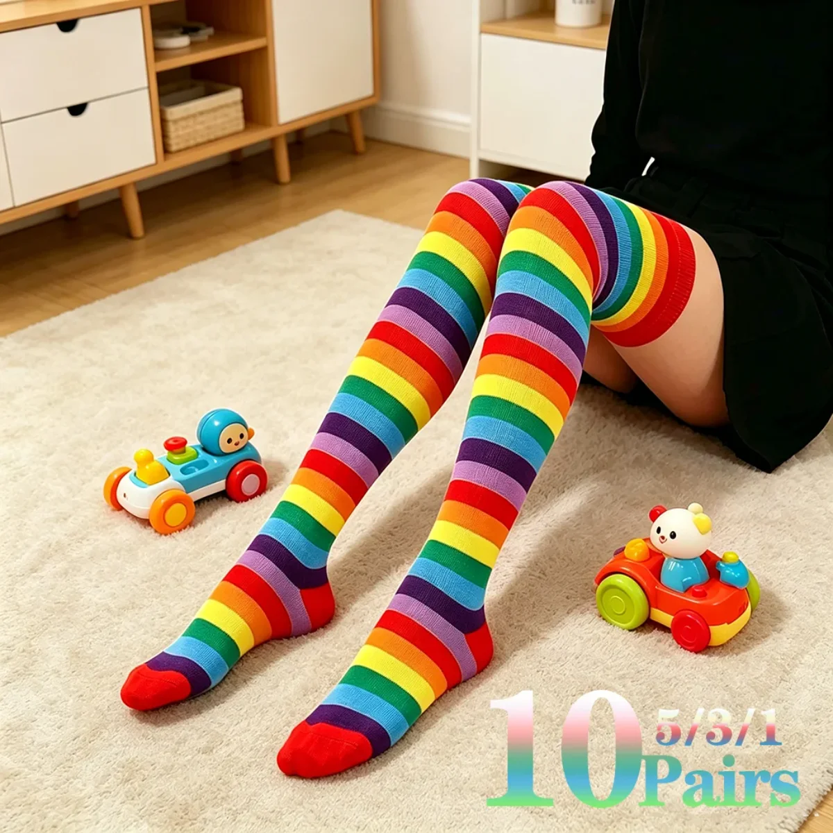 Women Rainbow Knee High Sock Colorful Striped Soft Comfortab