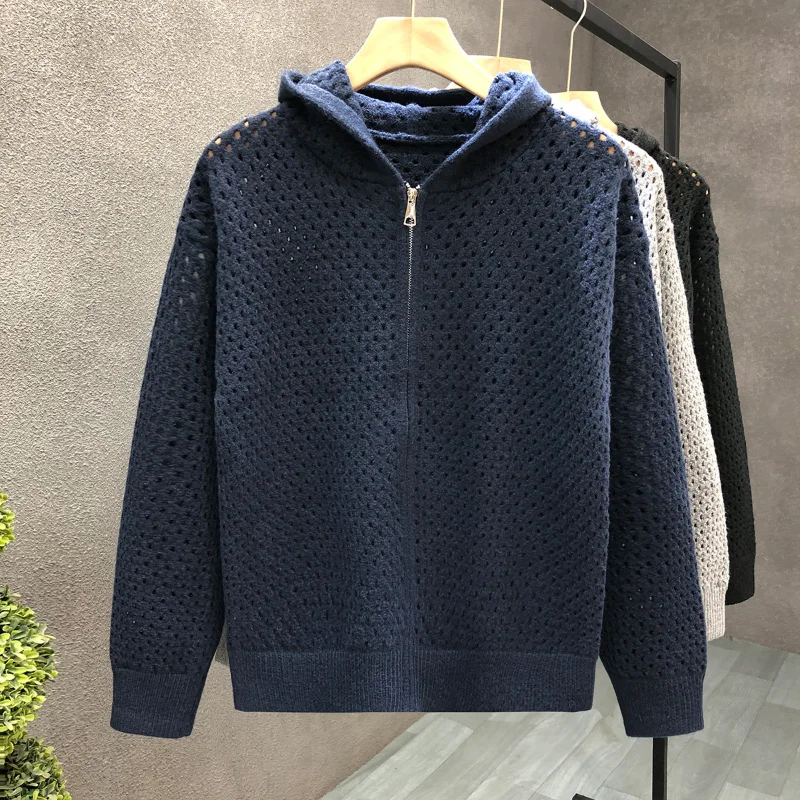 New Hollowed Out Hooded Cardigan Sweater, Men's Spring and Autumn Couple Jacket, Ripped All Match FashionVintage Top