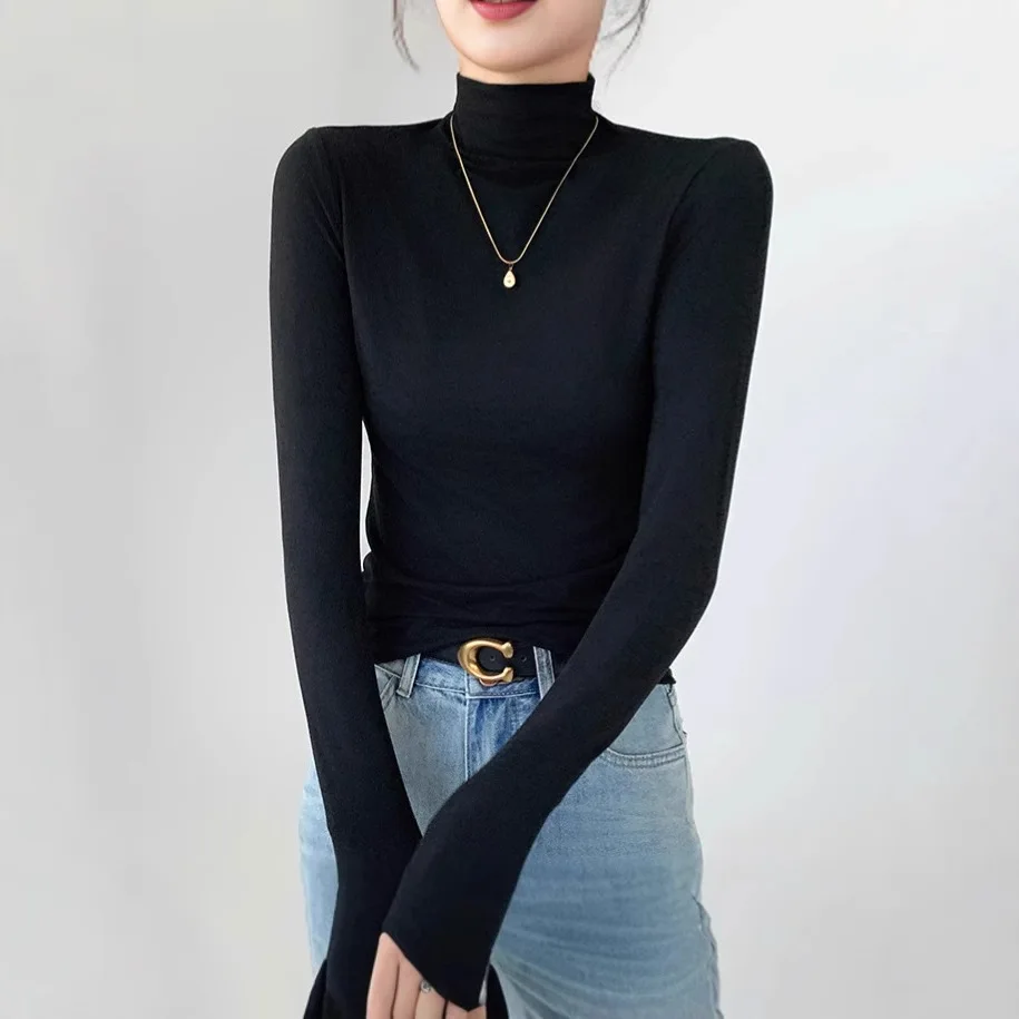 Women's Semi High Neck Base Shirt for Autumn and Winter New Style for Slimming Warm Lining German Velvet Long Sleeved T-shirt