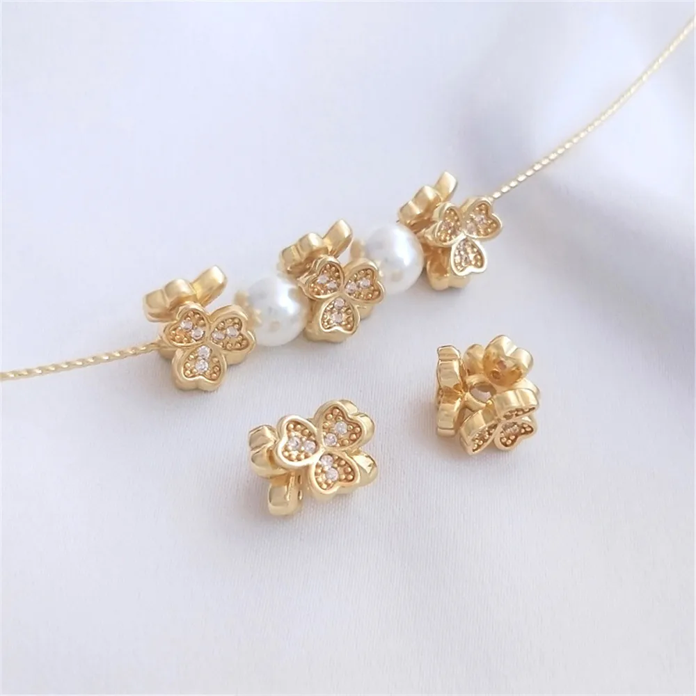 

14K package of real gold color-preserving micro-inlaid zircon three-leaf flower septicle DIY pearl bracelet necklace accessories