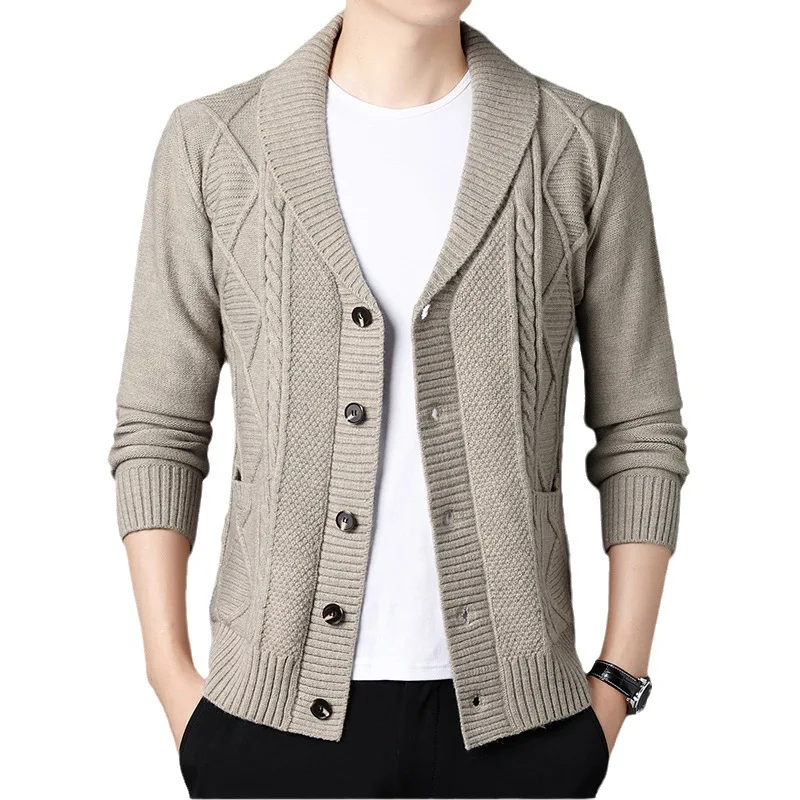 

Cable Knitted Cardigan Sweater for Men 2023 New Shawl Collar Knitwear with Pockets Autumn Winter Solid Casual Loose Fit Outwear