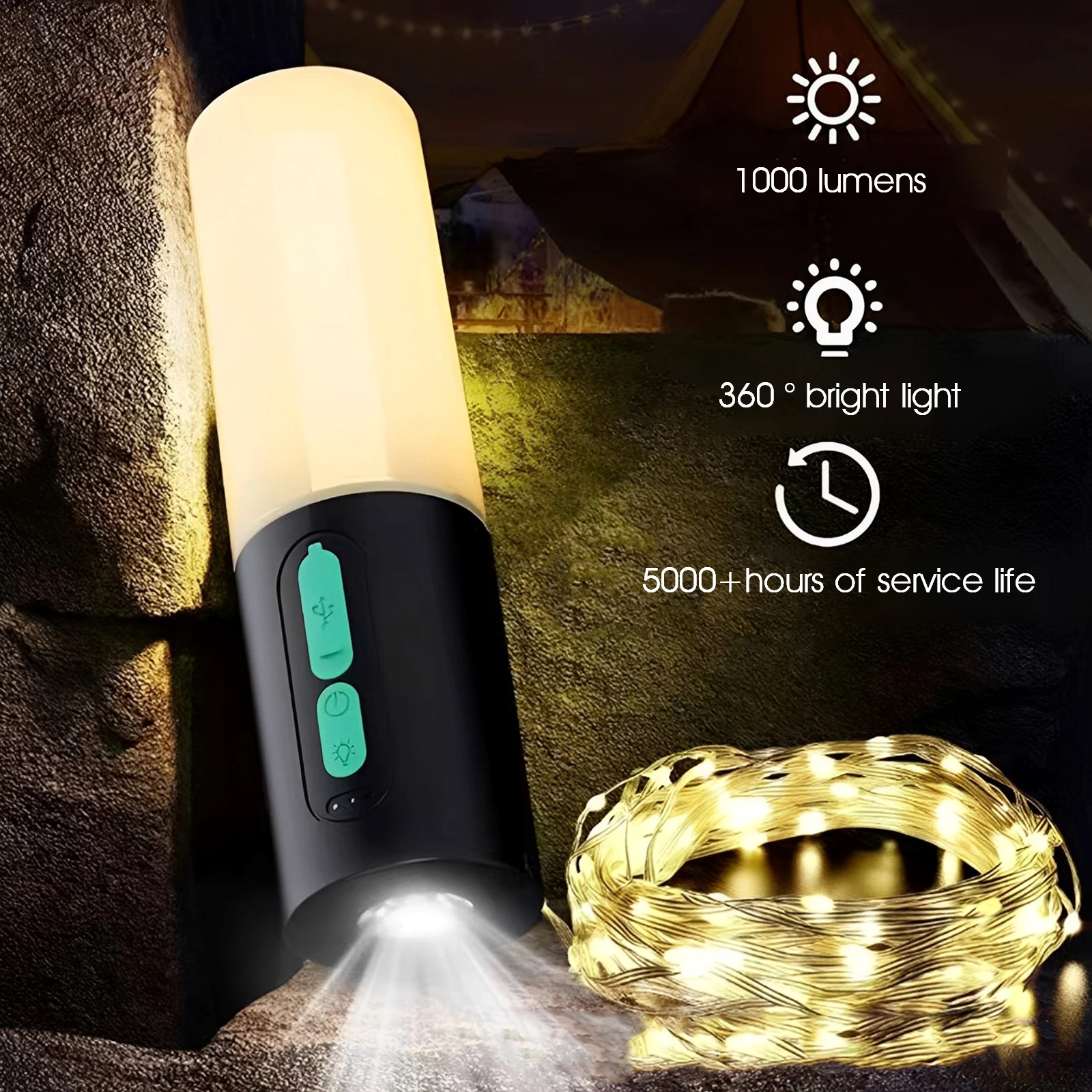 NEW Camping String Lights 33Ft 4 Lighting Modes Camping Lantern with String Light 4000mAh USB Rechargeable Camping Flashlight