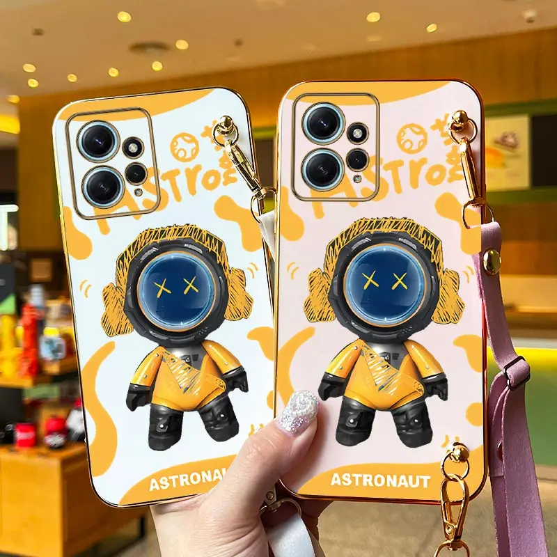 Astronaut Overalls Lanyard Plating Phone Case For Xiaomi Redmi Note 12 12R 12S 12Pro 12Turbo 11T 11EPro 12ProPlus 10S 10T Cover