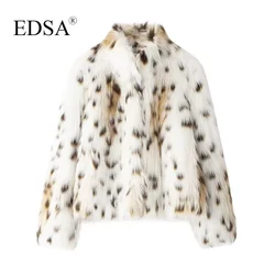 EDSA Women Luxury Faux Fur Jacket Leopard O-neck Full Sleeves Female Open Stitch Autumn Winter High Street Loose Warm Lady Coat