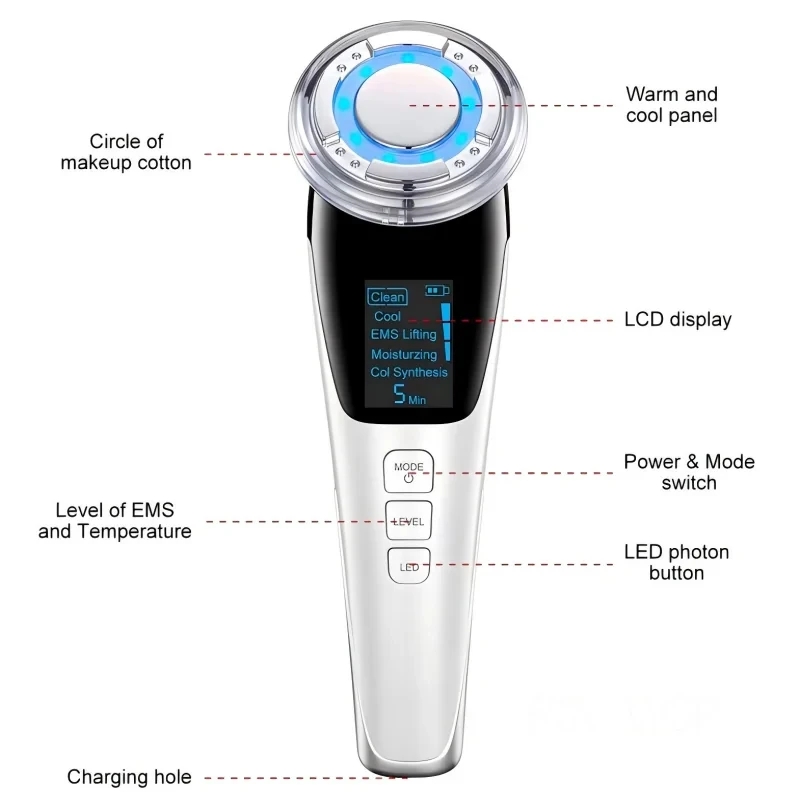 Micro Current Facial Massager EMS Hot Cold Facial Massager Red Blue Light Vibration Skin Tightening Face Lifting Beauty Device