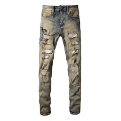 Jean Denim Vintage en peau de serpent bleue pour homme, pantalon Stretch, slim, fuselé, avec broderie