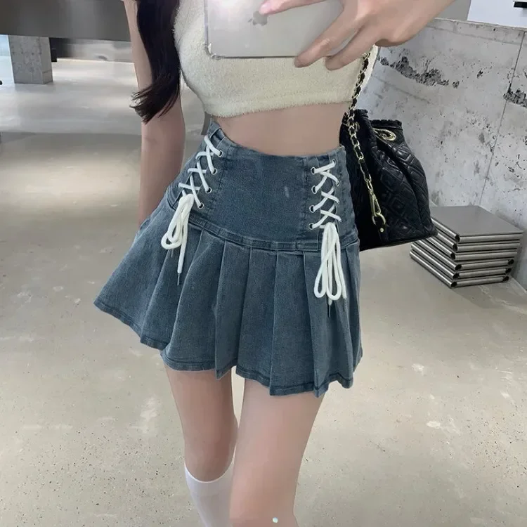 Korean Chic Blue Denim Skirt for Women 2024 Summer New High Waist A-line Skirts Y2k E-Girl Drawstring Bow Faldas Mujer