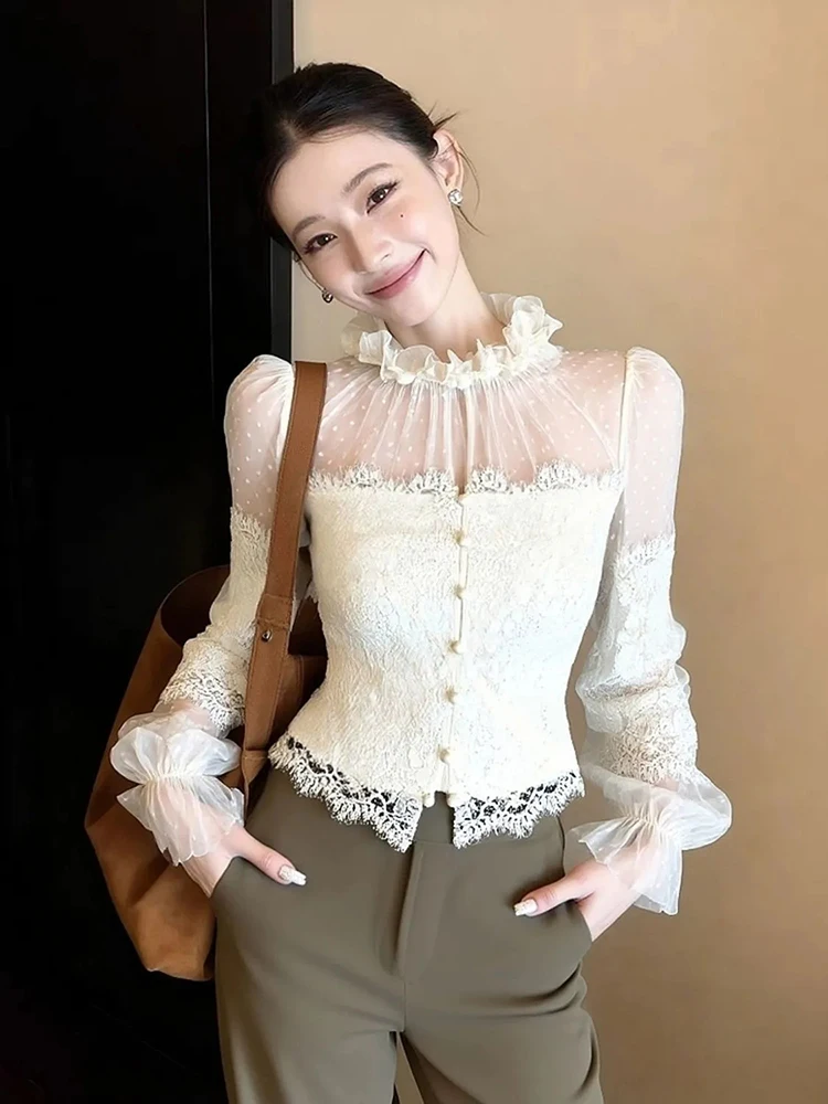 Camicie sexy patchwork in pizzo da donna manica lunga slim fit volant colletto alla coreana camicetta bottoni chic top da donna da ufficio a pois spessi