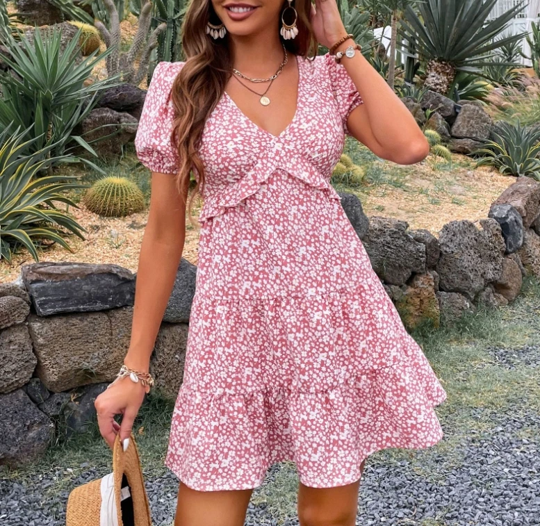 

Woman Dresses Sexy New Bubble Sleeve V-Neck Floral French Dress for Women Wear 2025 Summer Women's Fashion Sweet A-Line Dresses