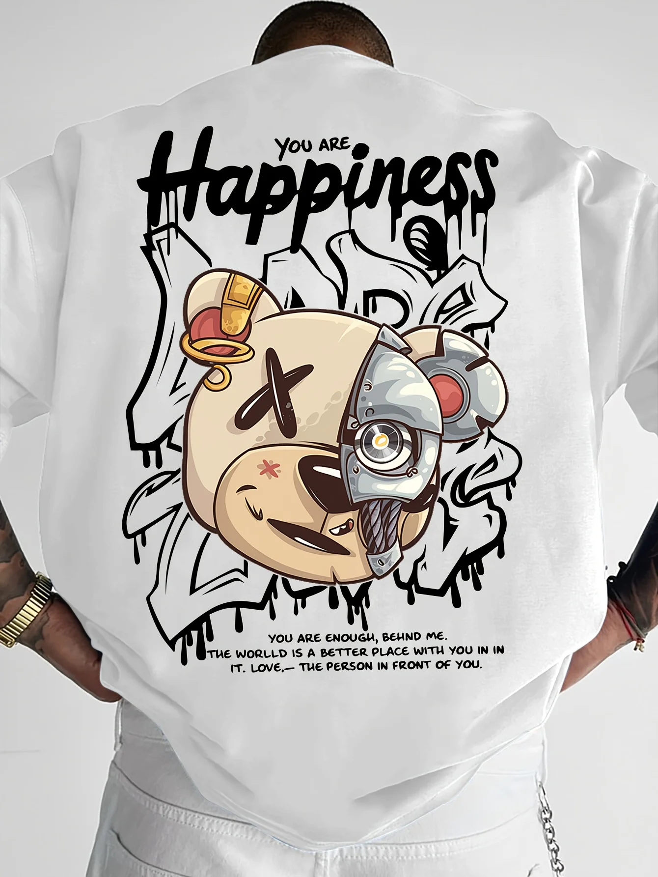 2025 New Men's Personalized Graffiti Bear Letter Printed Breathable and Comfortable Round Neck T-shirt Outdoor High Street Top image 2