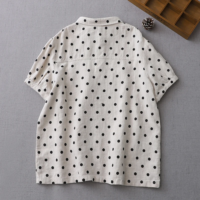 2024 New Spring Summer Dot Cotton Linen Blouse Shirt  Button Elegant Office Ladies Women Casual Loose Tops Temperament Blusas