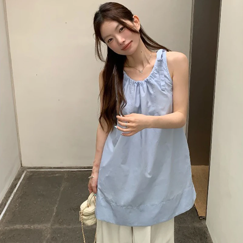 Frauen einfarbig ärmelloses Rundhals ausschnitt Sommer lässig gerade Tank Mini kleid