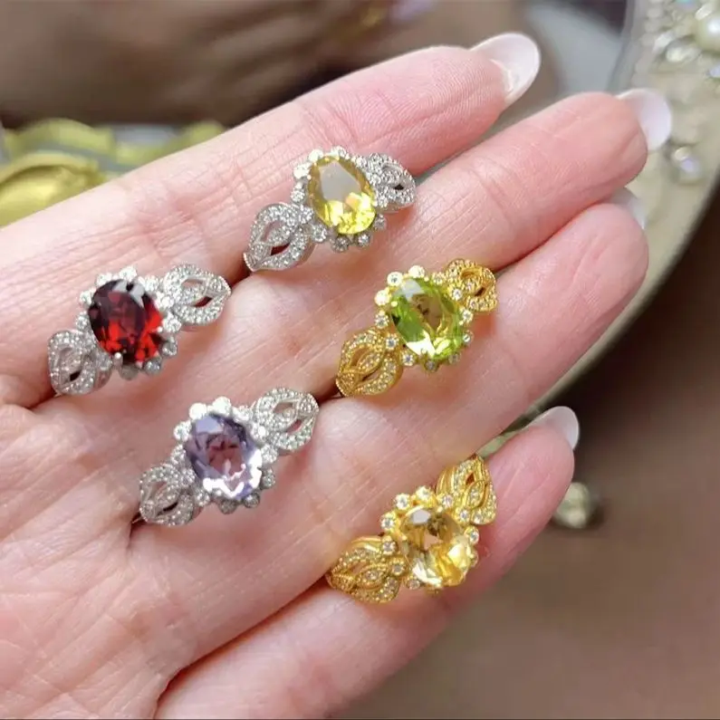 

Обручальное кольцо из натурального драгоценного камня для женщин, стерлинговое серебро 925, гранат, цитрин, перидот, аметист, гранат с сертификатом, ювелирное изделие, подарок