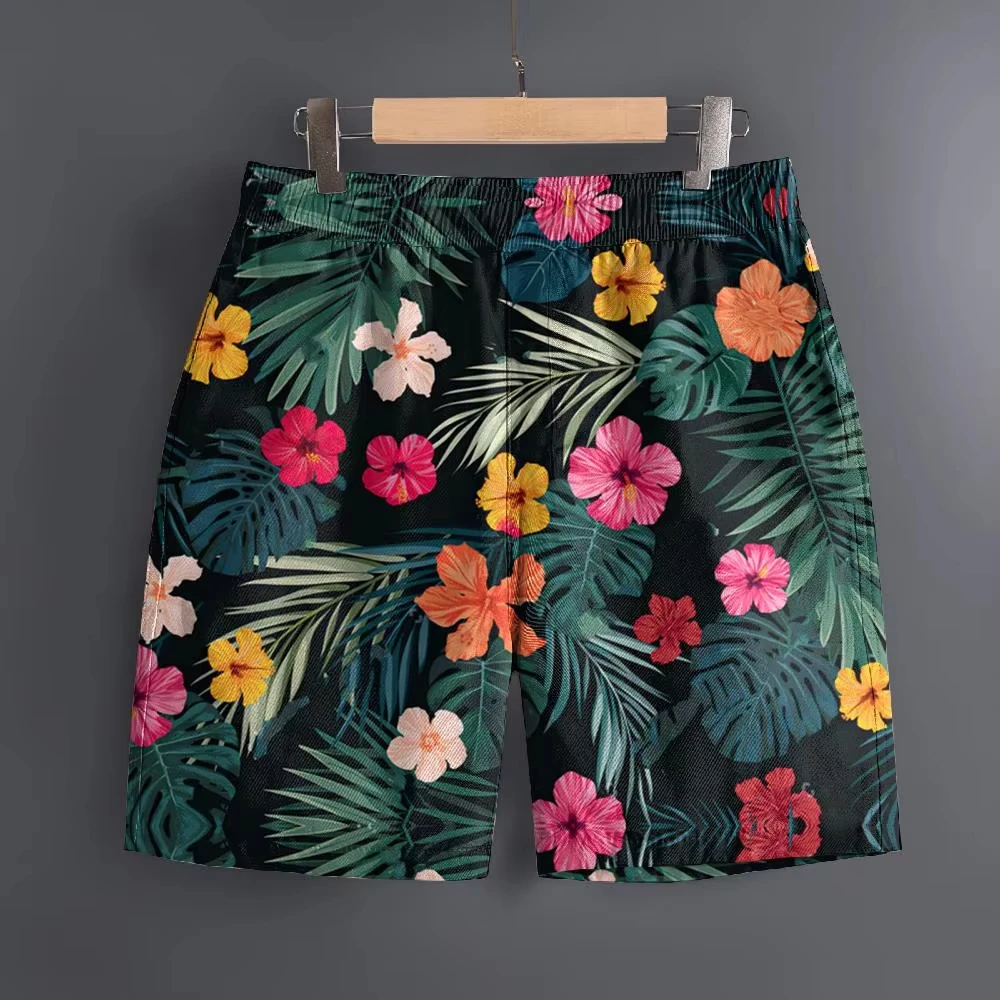 Hot Selling Top Leaf Print Hawaiian Beach Shorts, 3D Pattern Quick Dry Shorts for Men Summer Outdoor & Leisure Sports Outings