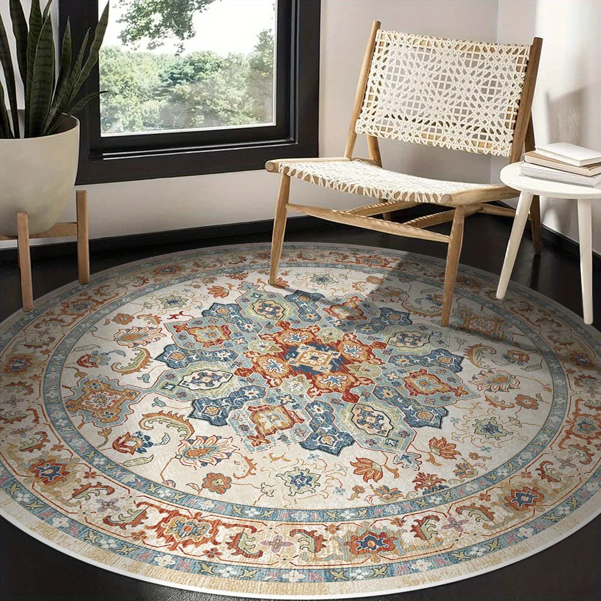 Vintage Floral & Geometric Round Floor Mat – Machine Washable Indoor Rug for Living Room & Bedroom
