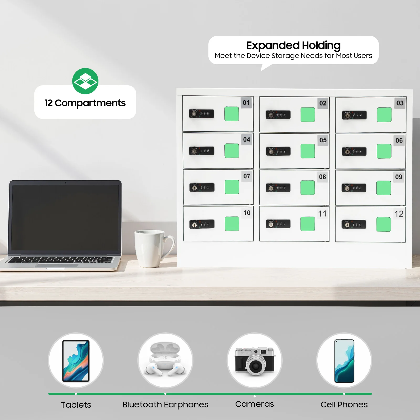 12 Slot Cell Phone Charging Locker Cabinet, Combination & Key Lock Phone Fast-charging Locker Charging With Numbered Acrylic Window For School Office Gym Hotel