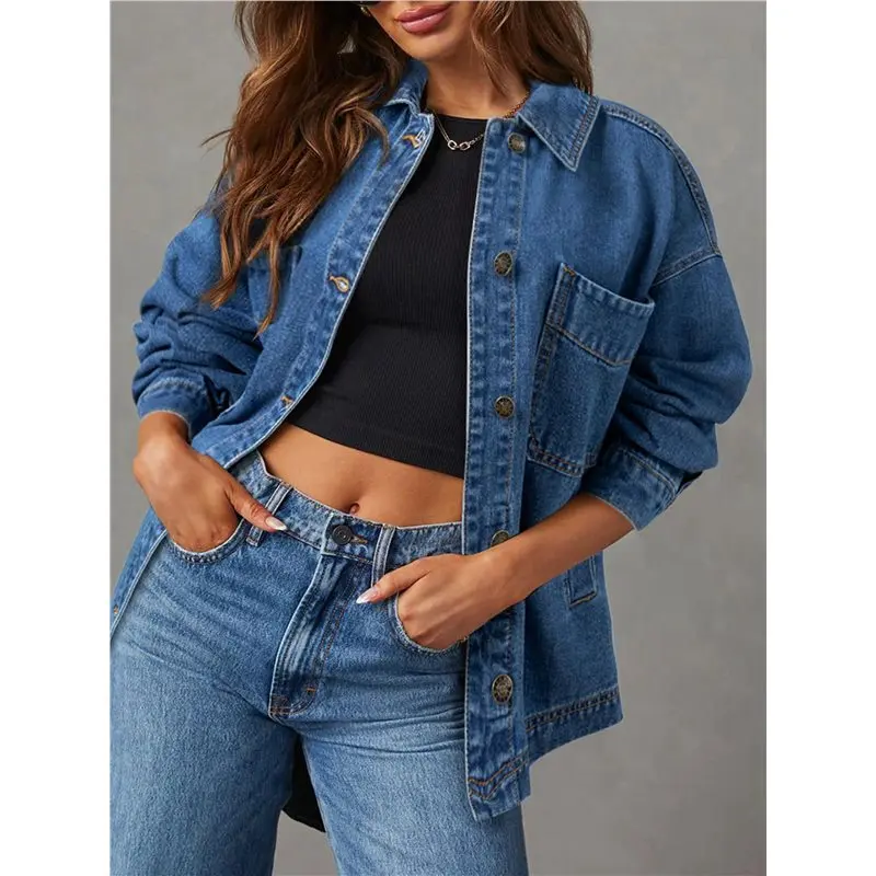 AA76-سترة جينز نسائية كبيرة الحجم بأزرار لأعلى وأكمام طويلة وسترات من قماش الدنيم Zimbaplatinum #4