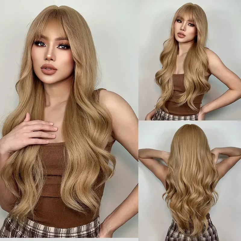 

Long Ginger Strawberry Blonde Natural Wavy layered Wig with Bangs For Woman/ Heat Resistant Synthetic Wig/ Natural look hairs