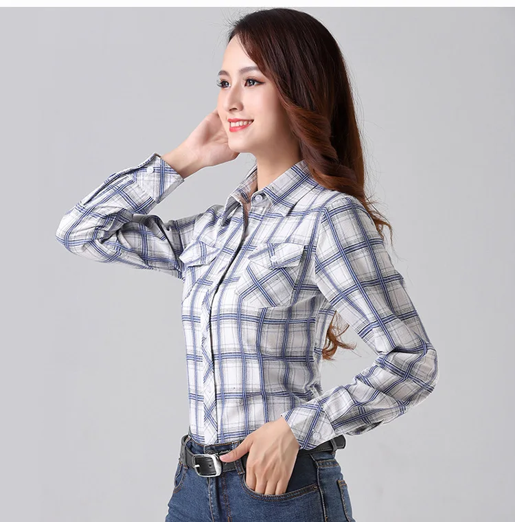 2023 Brand Fine 100% Cotton Flannel Plaid Shirts Women Long Sleeve Fresh Preppy Style Lady Tops And Blouse Casual Ladies Clothes