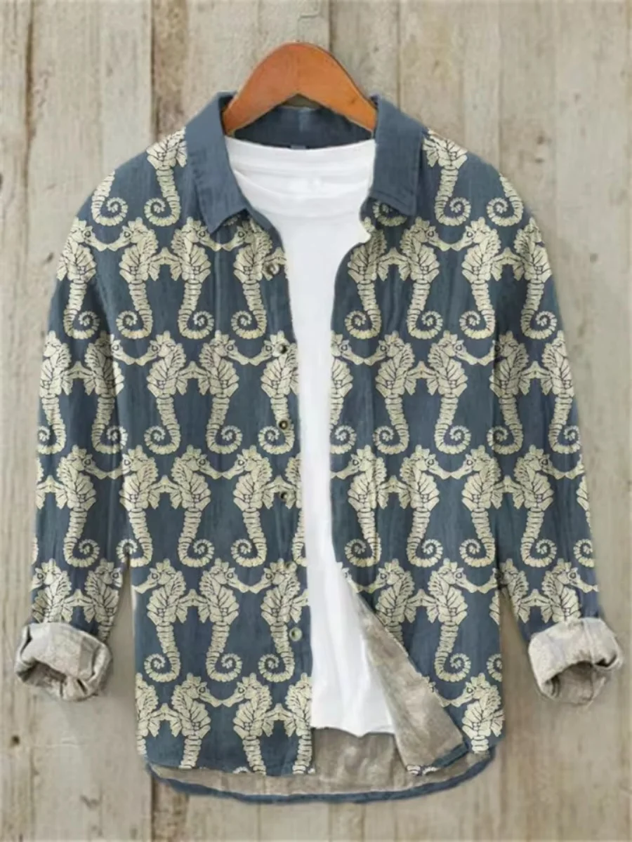 The new vintage Hawaiian long-sleeved shirt with fish patterns is a men's casual clothing item that is breathable and comfortabl - Image 6