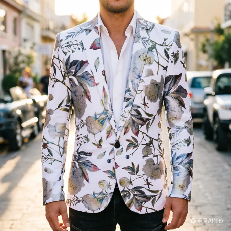

New Men's Slim Fit Hot Stamping Floral Blazer Business Casual Coat White Botanical Pattern Suit Jacket for Wedding Party Prom