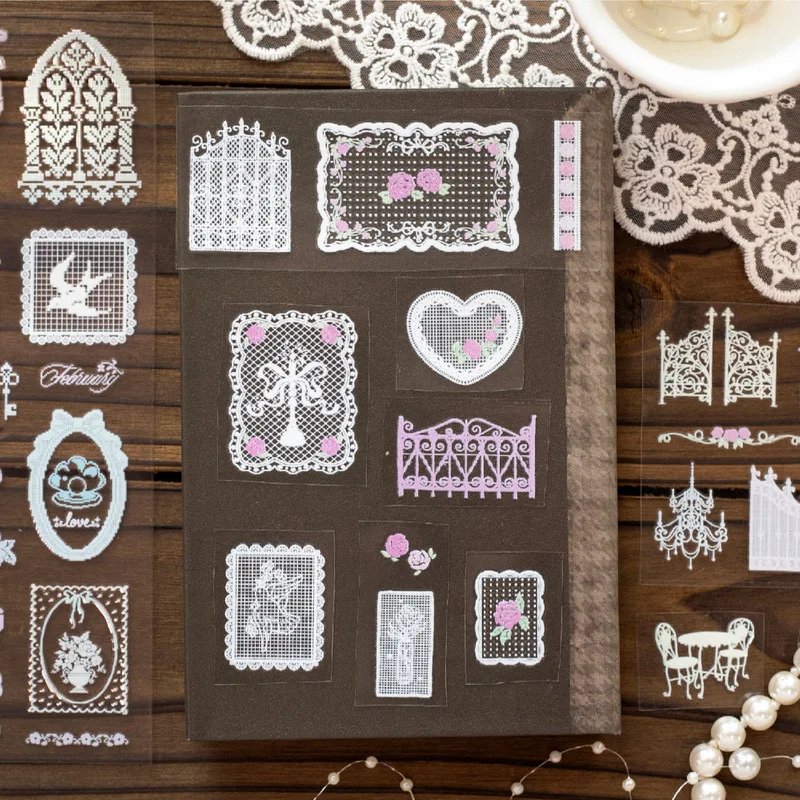 1Pcs PVC Transfer Decor Stickers, Vintage Lace Rose Pattern Stickers for Handmade Craft