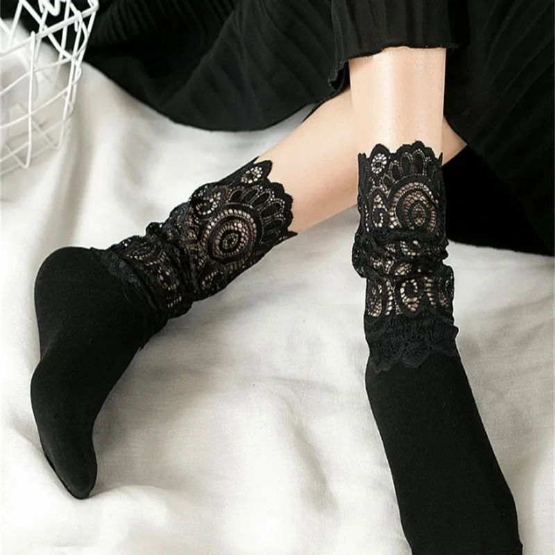 Sexy Lace Floral Mesh Socks Women Black Transparent Short Cotton Sock For Ladies Elastic Retro Cute Socks Female New