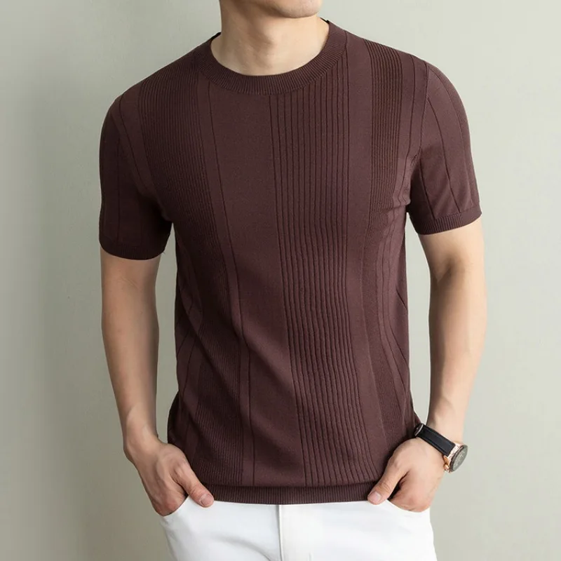 Men's Summer Short Sleeve Round Neck Linen Silk Knitted Sweater Old Money Style Breathable Slim Fit