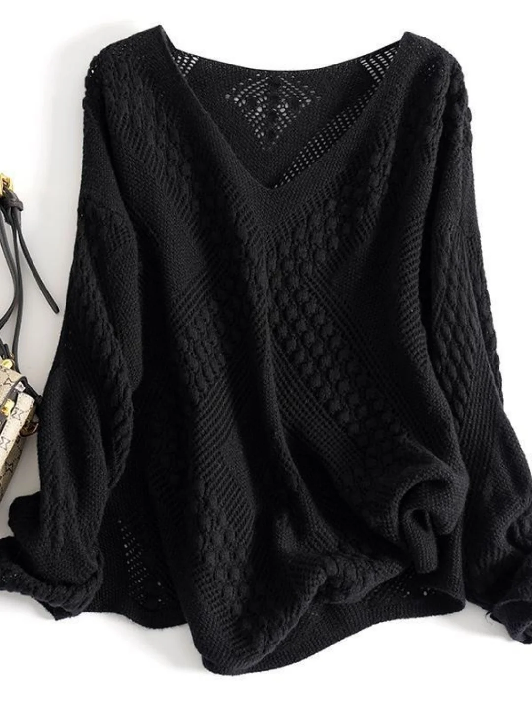 Korean Style V-Neck Hollow out Knitted Sweater plus Size Long Sleeve Mid-Length Slimming Loose Women's Top Fashion Daily Wear