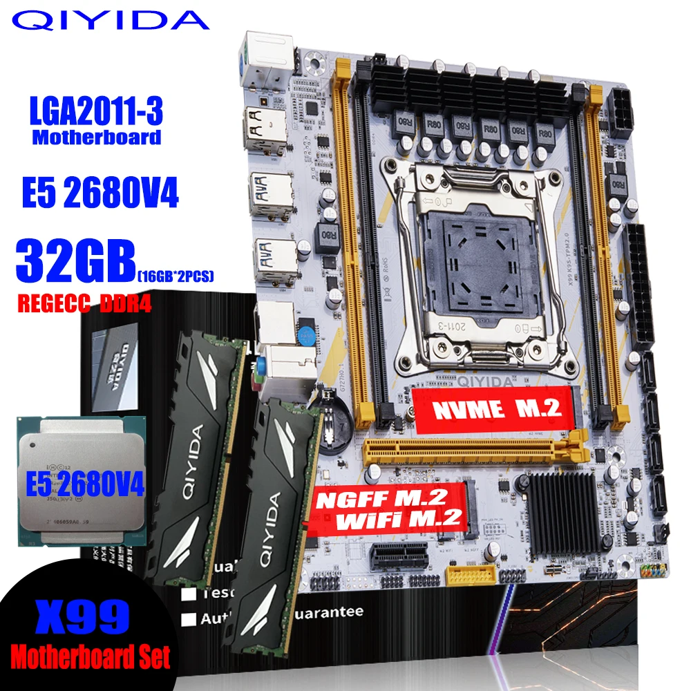 QIYIDA X99 マザーボード LGA 2011-3 セットキット Xeon E5 2680 V4 CPU プロセッサ 32G=2*16G DDR4 REG ECC RAM メモリ名 M.2