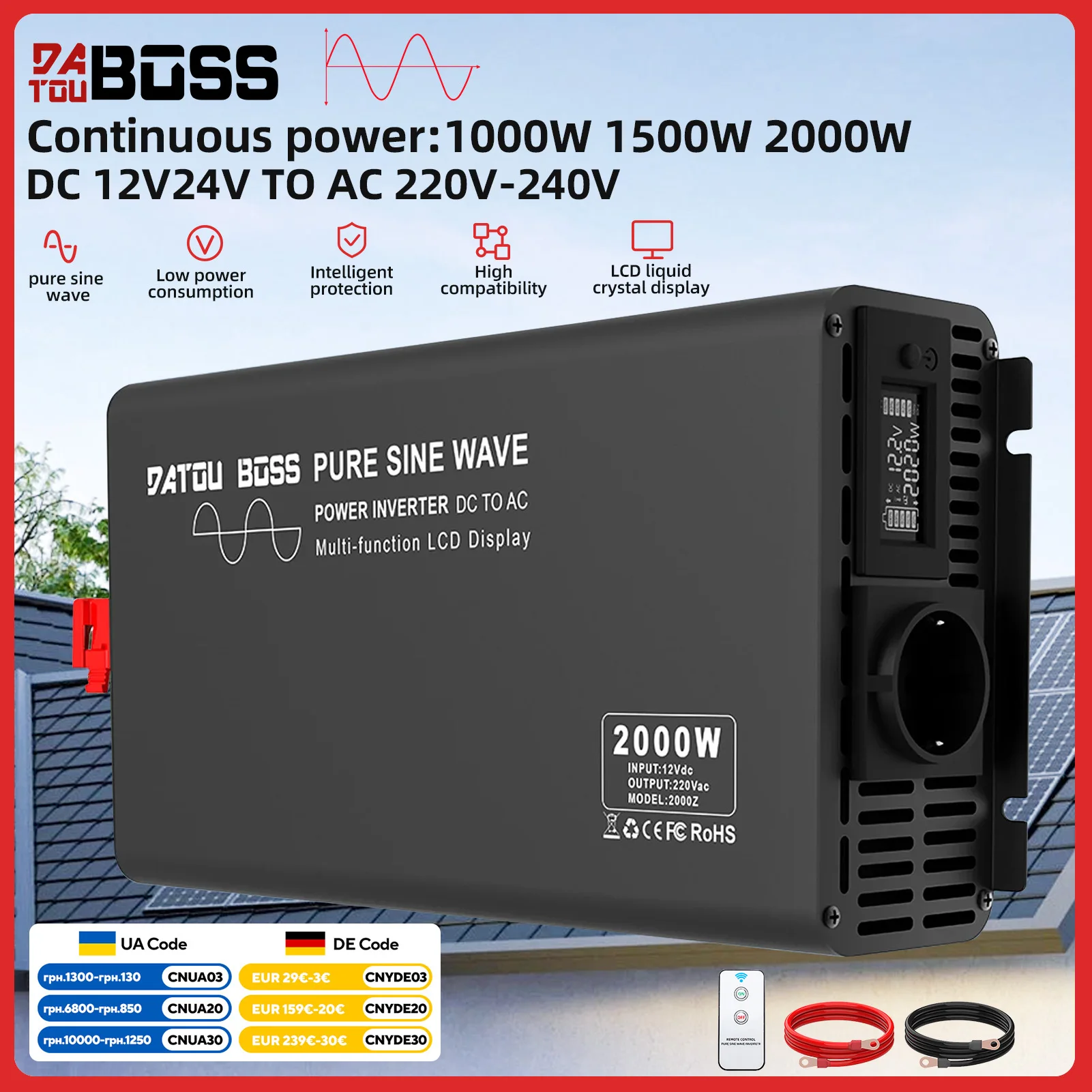 DATOUBOSS Pure Sine Wave Inverter 2000W DC 12V 24V 36V 48V 60V 72V to AC 220V 240V Ship Car RV Modified Vehicle Inverter