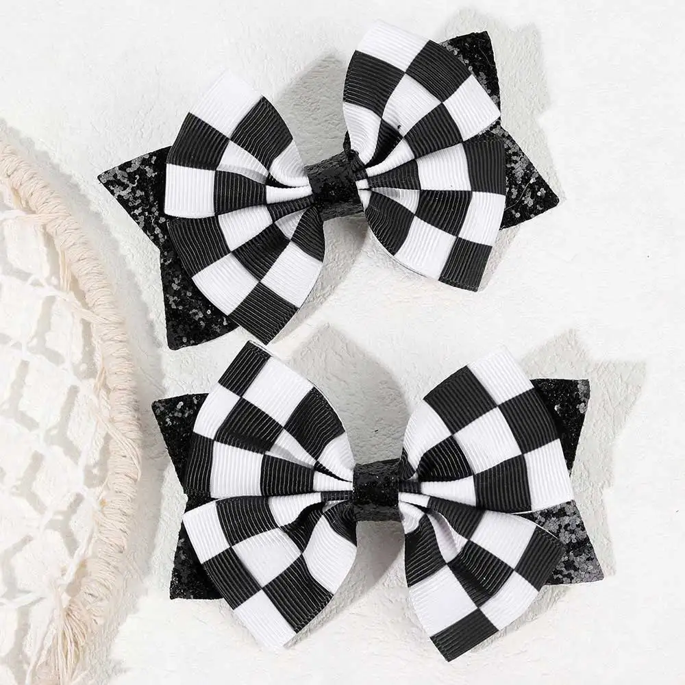 2pcs Glitter Ribbon Bow Hair Clip Classic Black and White Grid Bowknot Hairpin Boutique Hair Accessories Children Headwear