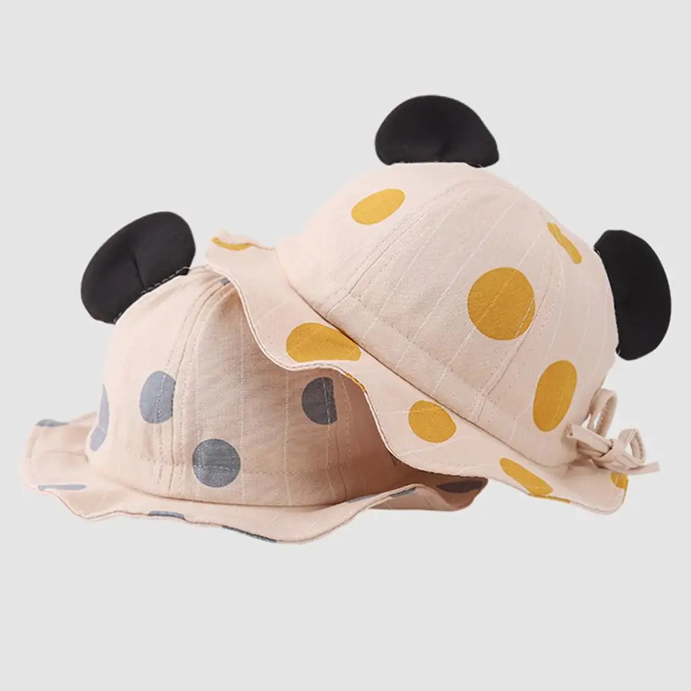 

Casual Polka Dot Kids Fisherman Hat Adjustable Cute Bear Baby Toddler Bucket Hat Wave Edge Children's Sun Hat for Boys and Girls