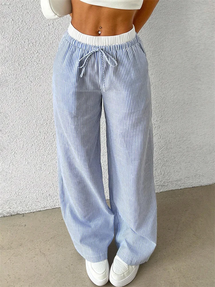 Women's Casual Striped Woven Wide Leg Pants Fall Winter 2025 Casual Stylish Full Length Trousers Y2K Clothes Streetwear