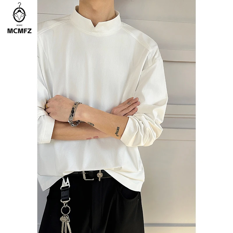 Male Stretchy Smooth Long Sleeve T Shirt Notched Mock Neck Raglan Seam For Vacation And Everyday Matching Outfit