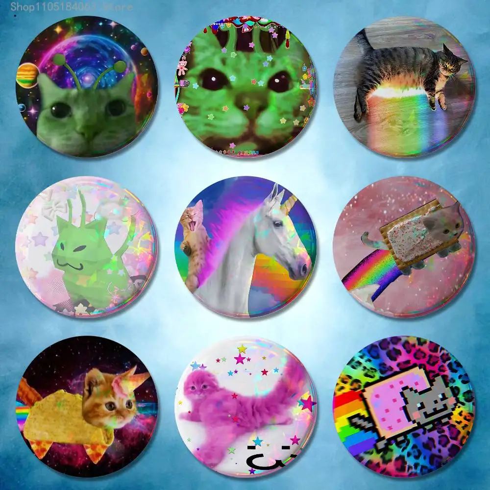 

Cute Funny Rainbow Alien Cat Badges Button Round Creative Pin Brooch Badge Bag Decor Accessories Fans Collect Friends Gifts