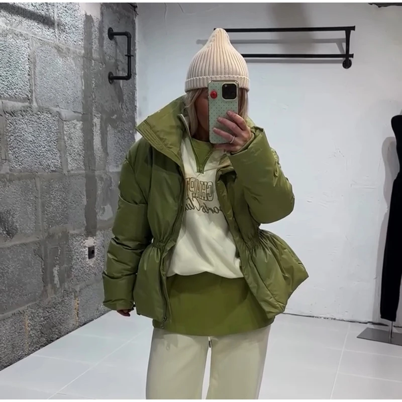 Glossy Stand‑Collar Drawstring Waist Back Zip‑Up Puffer Coat 2026 Winter Women Warm Padded Jacket Trendy Lady Cotton‑Padded Coat