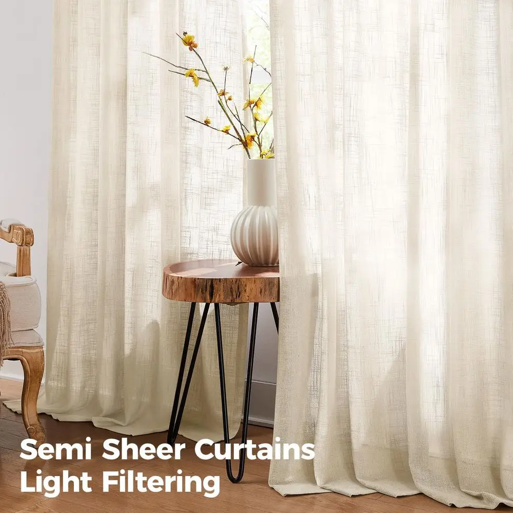 Linnen gordijnen met knijpplooi in boerderijstijl, semi-transparante lichtfiltering, 90 lengte, set van 2 panelen