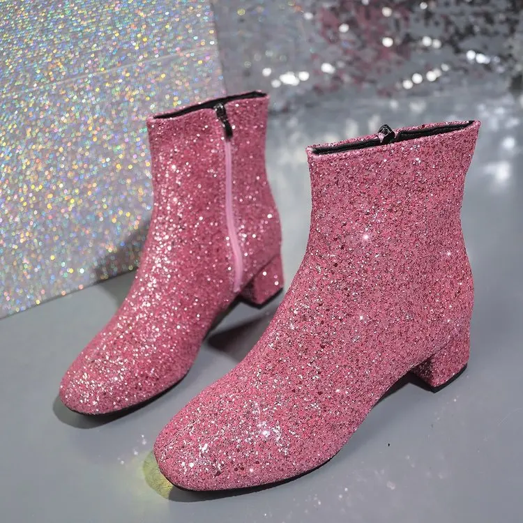 Fashion Women's Boots Bling Solid Color Side Zipper Luxury Boots for Women Comfortable Midsole Boot Party Girls Zapatos De Mujer